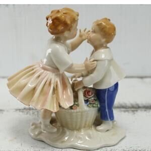 Karl Ens Volkstedt Boy  Girl Flowers With Basket Porcelain Figurine German c1919